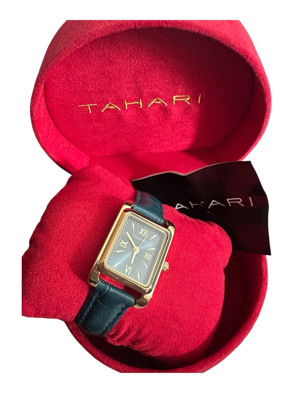 Tahari Gold-Tone Rectangular Watch with Blue Dial and Blue Leather Strap